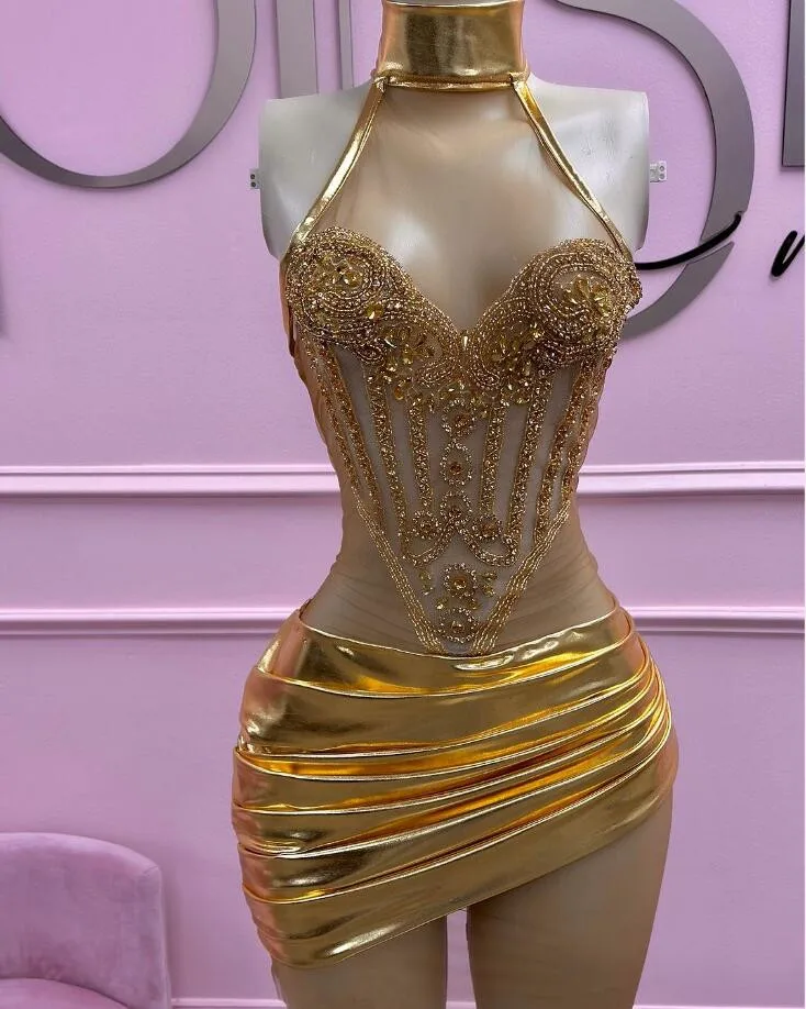 Goldie-Mini robe de cocktail de soirée pour filles noires, robes transparentes, col haut, tache de cristal de luxe, articles de fête d'anniversaire