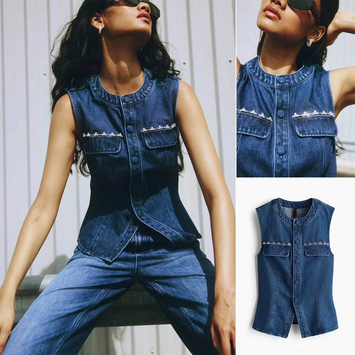 Autunno Nuovo tappetino da donna Fit rotondo Ne Svel Bell Bot Gilet di jeans Design originale Fibra di poliestere Bottone singolo Cl...