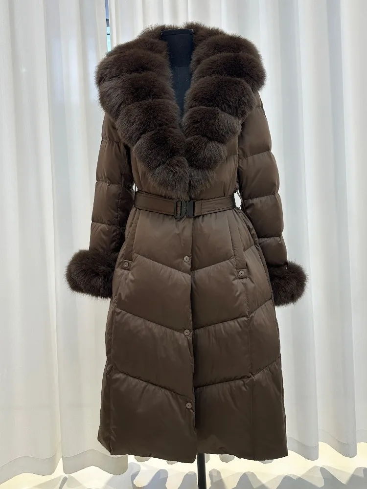 Damen Langer Winter-Daunenmantel Natürlicher Pelzmantel mit Pelzbesatz und Daunenfüllung für Herbst und Winter