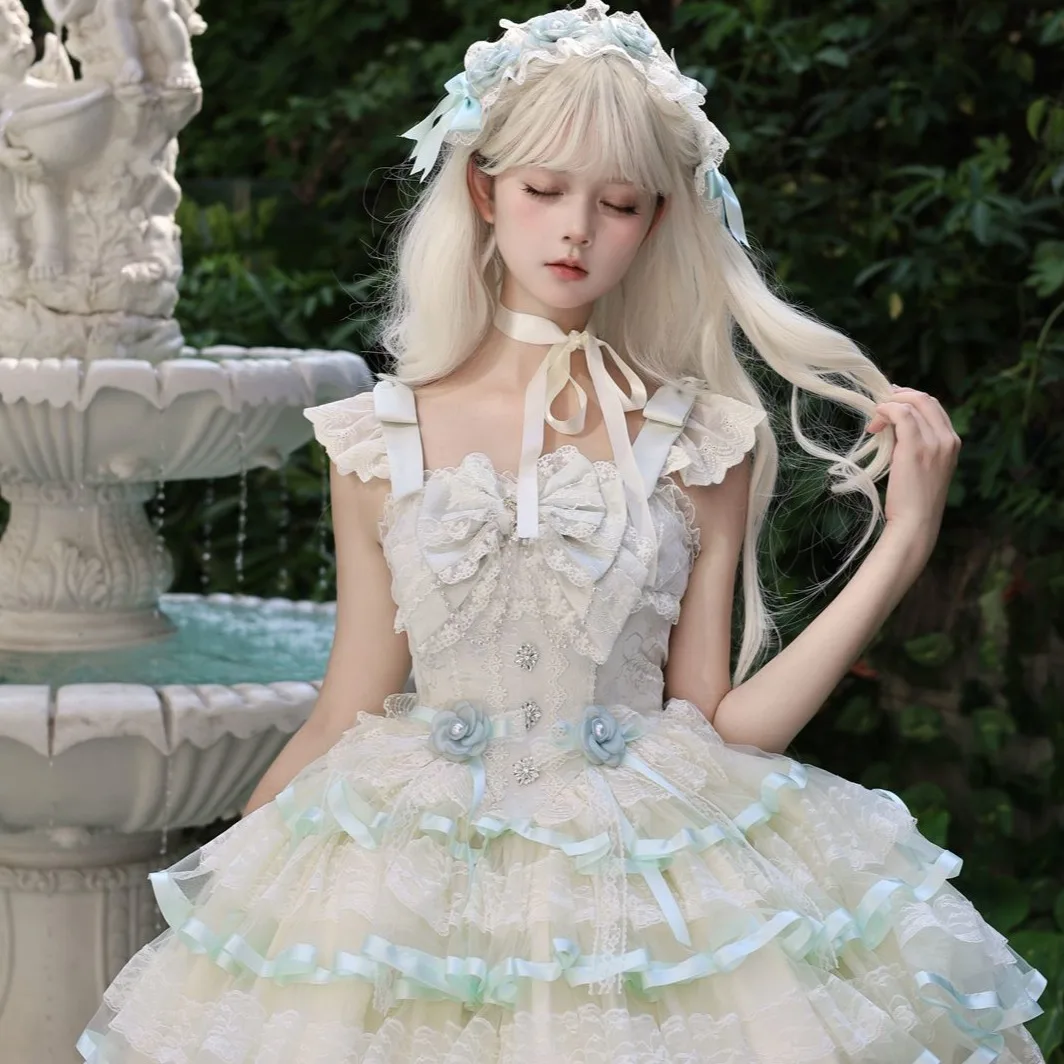 Robes de princesse de fête d'anniversaire, élégantes et douces, Style Ballet, col carré, sans manches, nœud en dentelle, jolie robe bouffante Lolita JSK pour femmes