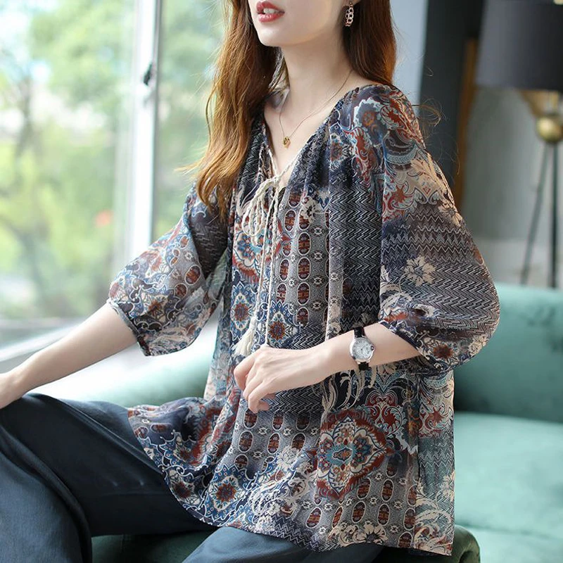 Women Vintage Print Ethnic Style Lace Up Chic Blouse Summer Trendy V-Neck 3/4 Sleeve Loose Shirts Casual Tops Female Blusas Ropa