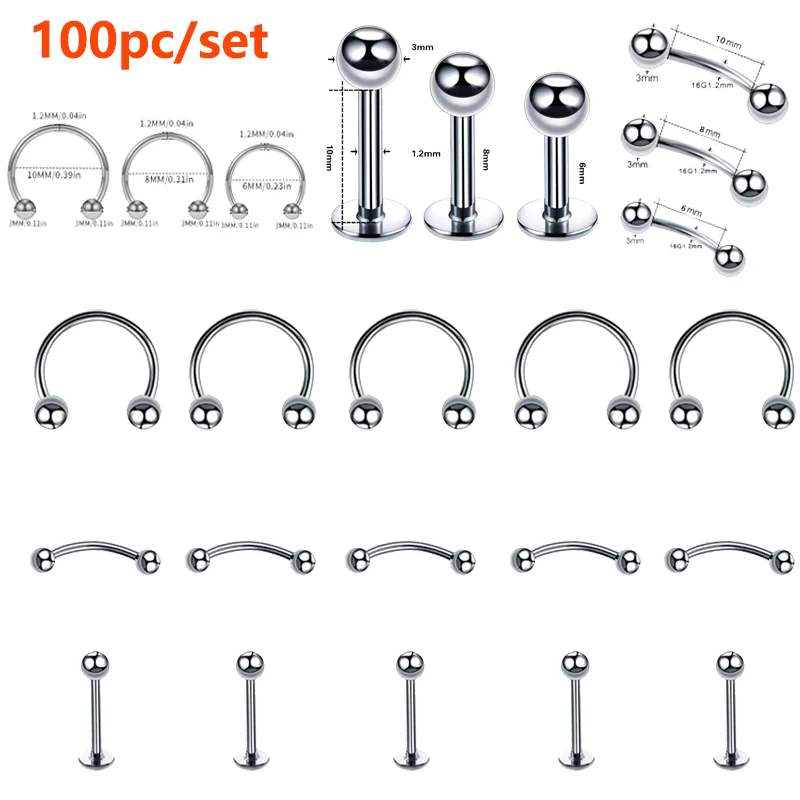 100Pc/set Surgical Steel Eyebrow Lip Nose Hoop Nostril Ear Tongue Piercing Set Piercings Ring Body Jewelry Women Men Ear Stud