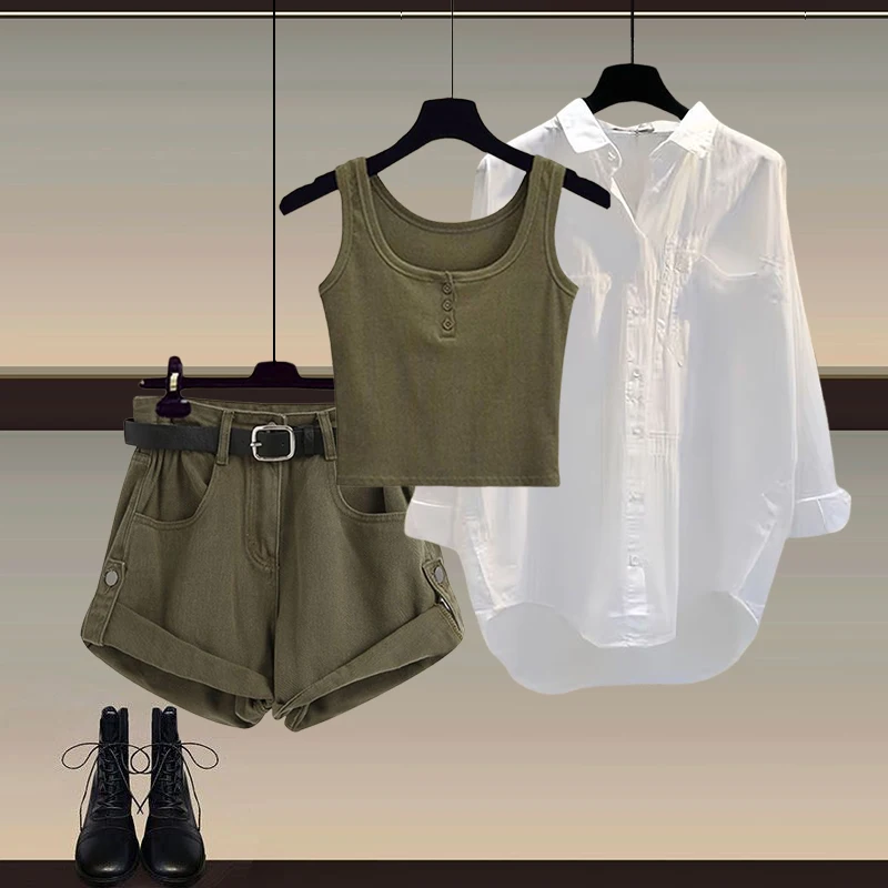 

Summer Fashion Women's Three-Piece Set Sun Protection Shirt Slim Vest with Denim Shorts Long Sleeve Collar Button-Up