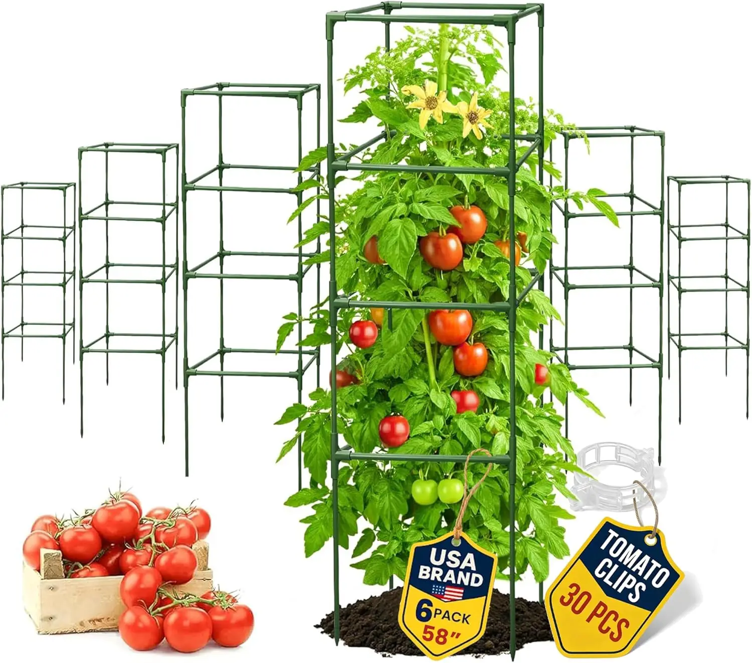 

Square Tomato Cages, 6-Pack, 58" Tall, Heavy-Duty Plant Support for Garden & Raised Beds