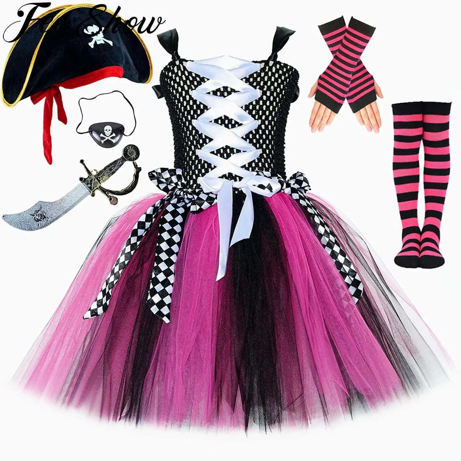 Girls Pirate Costume Halloween Party Medieval Vikings Dress Up Tie-Up Shoulder Straps Puffy Mesh Dress with Skull Printed Hat
