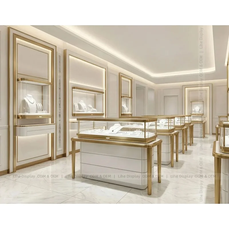 custom.Vintage LED Lighting Brass Top Glass Rectangular Glossy White Retail Jewelry Display Table