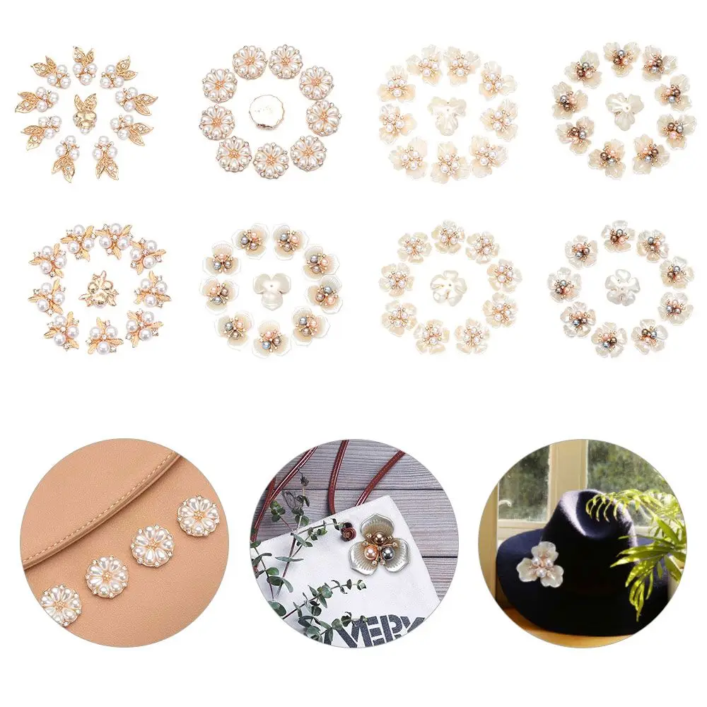 

10PCS Apparel Sewing Flower-shaped Crystal Rhinestone Buttons Pearl Button Pearl Hairpins Headwear Clip