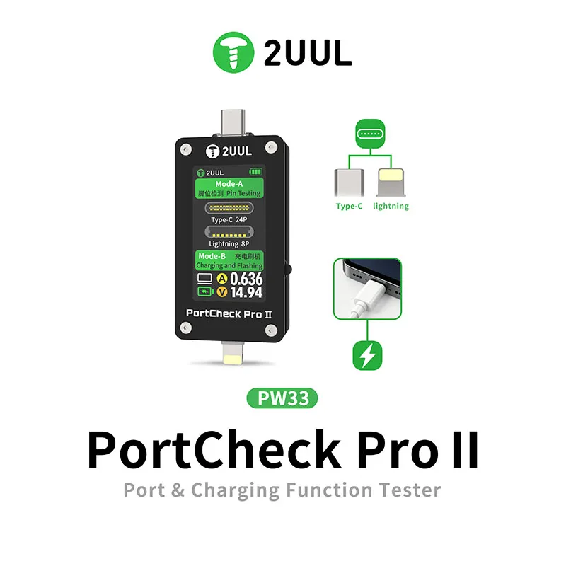 2UUL PW33 PortCheck Pro II Charge Port 2 in 1 Function Tester Real-Time Data Display Port Test Charging Test
