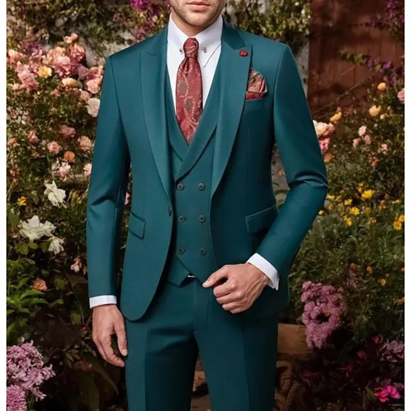 

Green Men Suits Single Breasted Peak Lapel Regular Length Formal Wedding 3 Piece Jacket Pants Vest Outfit Luxury Full Set Blazer