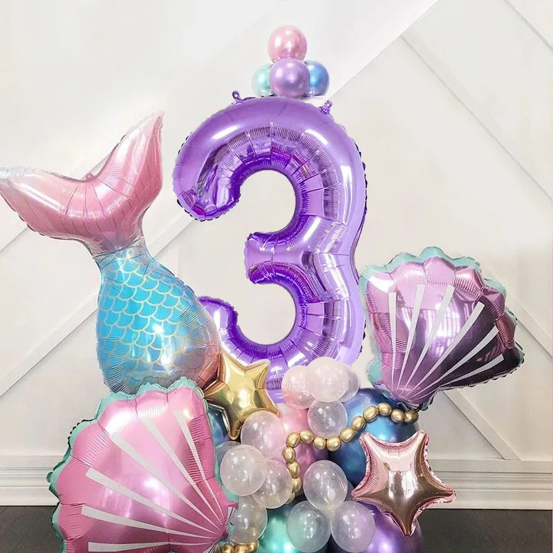 Mermaid Purple Number Balloon Set Mermaid Themed Seashell Children\'s Birthday Party Decoration Balloons Wholesale