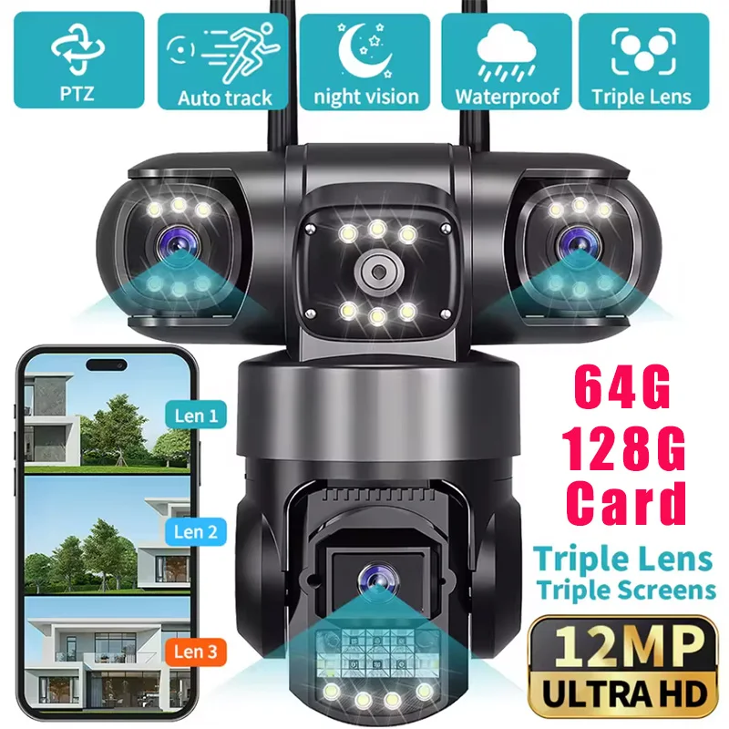 

WiFi IP Camera 12MP 6K Triple Lenses Triple Screens Security Video Monitor Night Vision Auto Track IP66 Waterproof CCTV Cameras