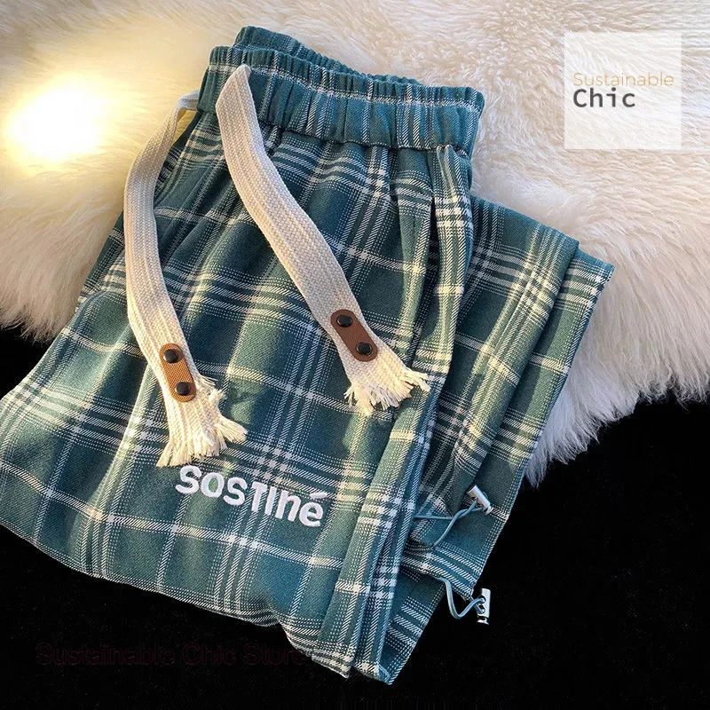 Korean style plaid wide-leg pants women retro casual sweatpants Spring and Autumn new Korean version of loose straight pants.