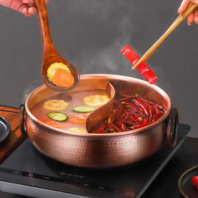 Copper Hot Pot Double Flavor 6L - Heavy Duty Traditional Shabu Shabu with Stainless Steel Bottom for Induction