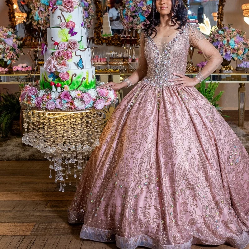 فستان Quinceanera وردي وردي لامع عاري الكتفين ملصق كريستالي بذيل طويل فيستدوس دي 15 Quinceanera تخصيص #3