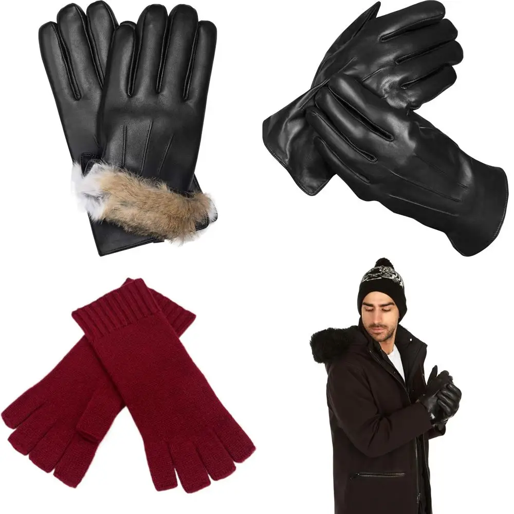 قفازات شتوية من جلد الغنم الأصلي للرجال مع بطانة من فراء الأرانب وصندوق هدايا