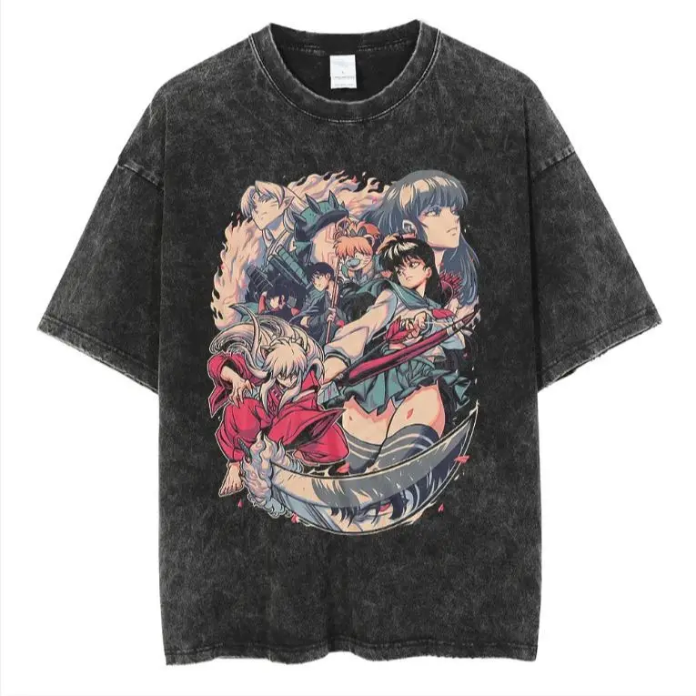 Camiseta de Algodón Lavado Estilo Vintage de Verano 2026 de Inuyasha, Estilo Urbano Oversize con Personajes Principales como Kagome, Sesshomaru y Otros