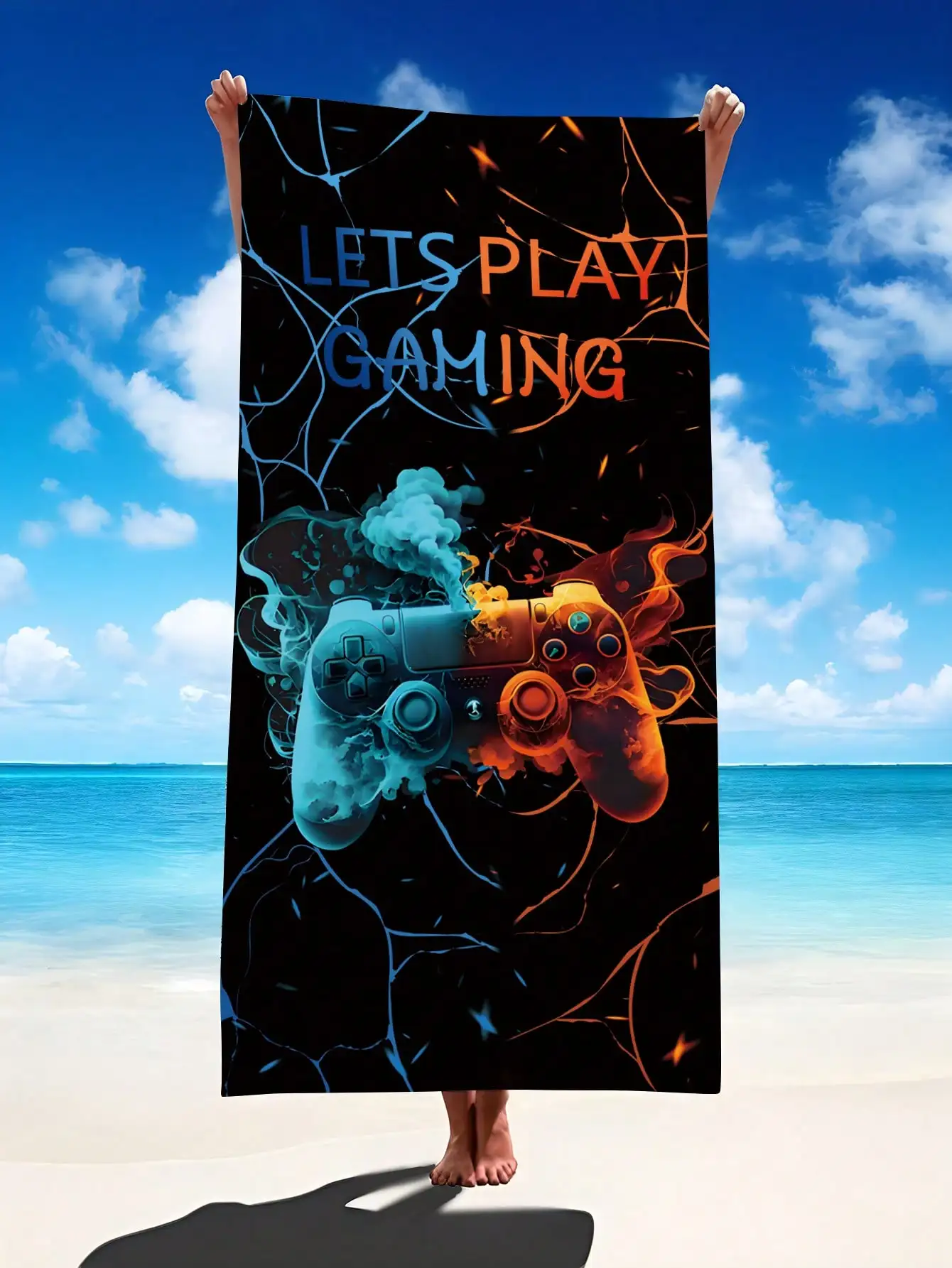 

Cool Game Controller Patterned Beach Towel, Sun Protection, Windproof, Suitable For Swimming Pools, Camping, And Travel.