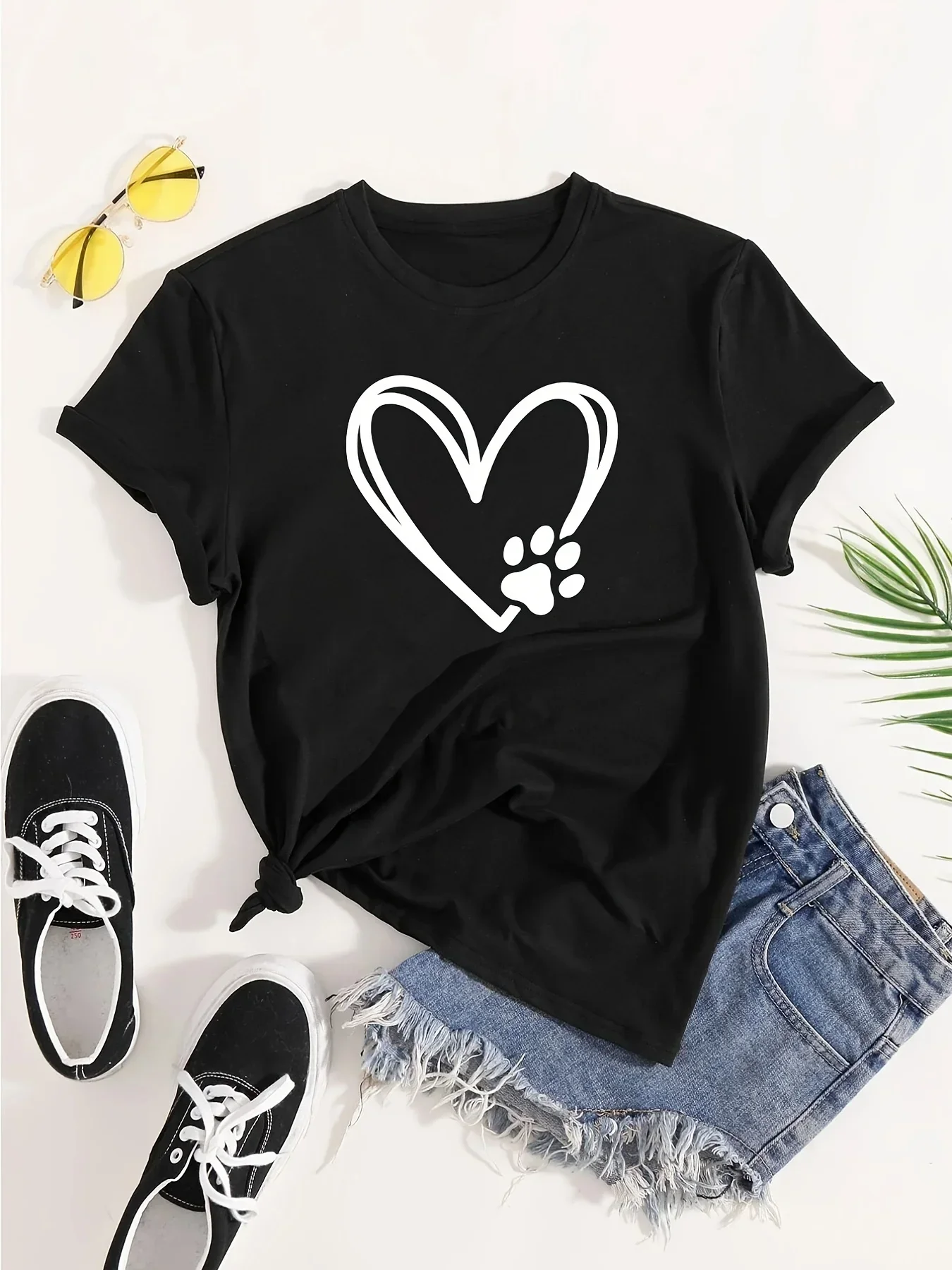 

Heart & Dog Footprint Print Short Sleeve T-shirt, Women's Slight Stretch Round Neck Casual Tee