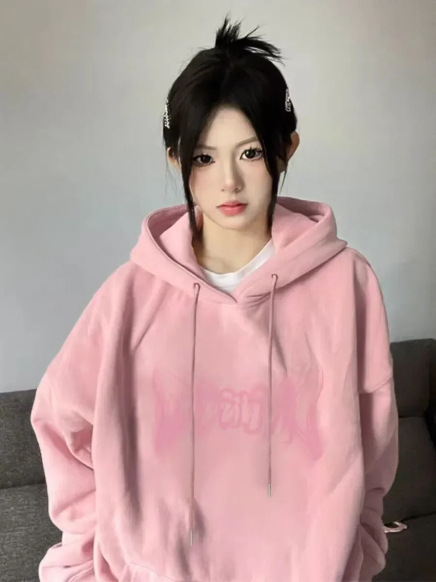 Pink Fleece Lined Hoodie Women Autumn Winter 2023 New Korean Fashion Lazy Casual Sweetwear All-Match Loose Hooded Sweatshirt Top