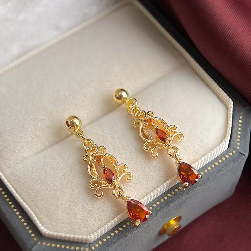 جديد الأحمر كريستال طويل هندسي استرخى سحر إسقاط أقراط للنساء موضة الذهب اللون بيان الزفاف العروس الأذن مجوهرات #5