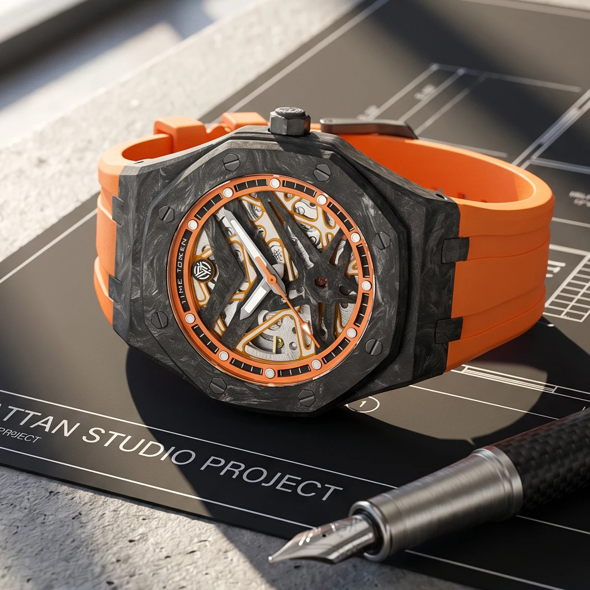 TIME TOKEN Carbon Fiber Watch Octagonal Watch Case Men's Mechanical Watches 10Bar Waterproof Luminous Automatic Watches T577