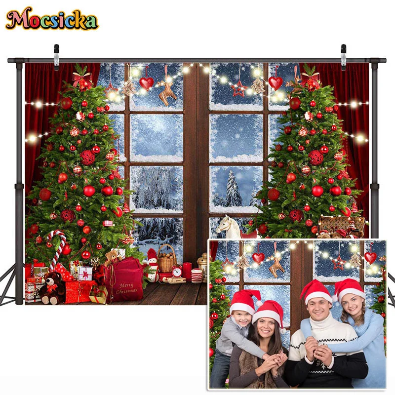 Christmas Backdrop Xmas Tree Santa Claus Window View Photo Background for Christmas and Happy New Year Eve Celebration Banner