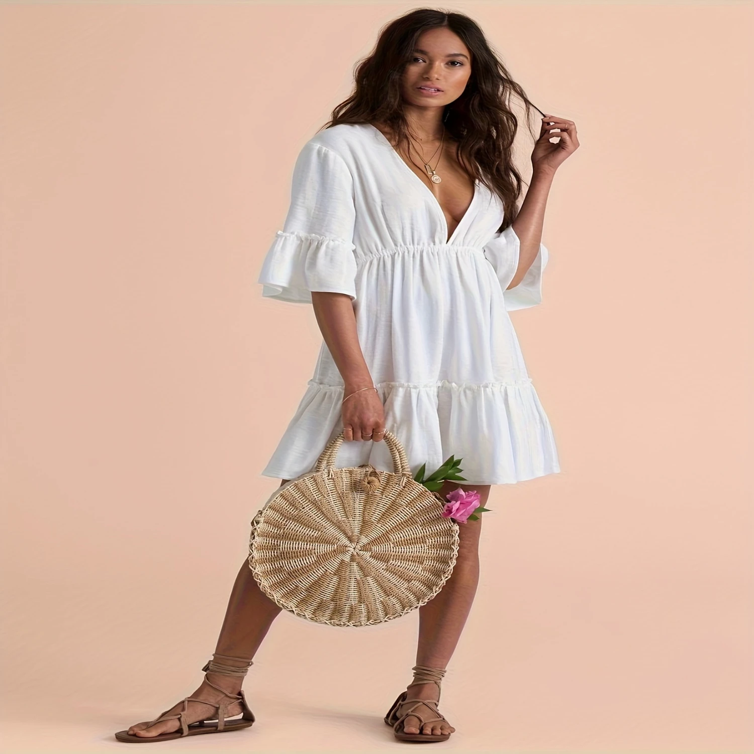 

Deep V Neck Coverup Dress, Backless Bell Sleeve Ruffle Hem Dress - Women's Clothing