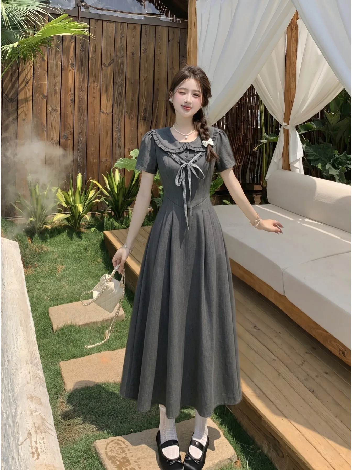 

plus Size Knot Short Sleeve Dress Slimming Design Summer New Style A-Line Long Skirt Korean Style Commute Fashion