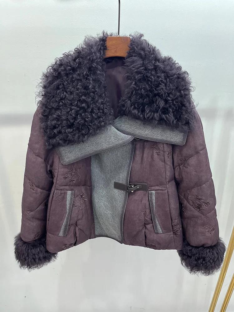 2025 Winter Natrual Real Sheep Lamb Fur Collar Women's Warm Denim Coat Goose Down Jacket Luxury Thick Outwear Female Coats