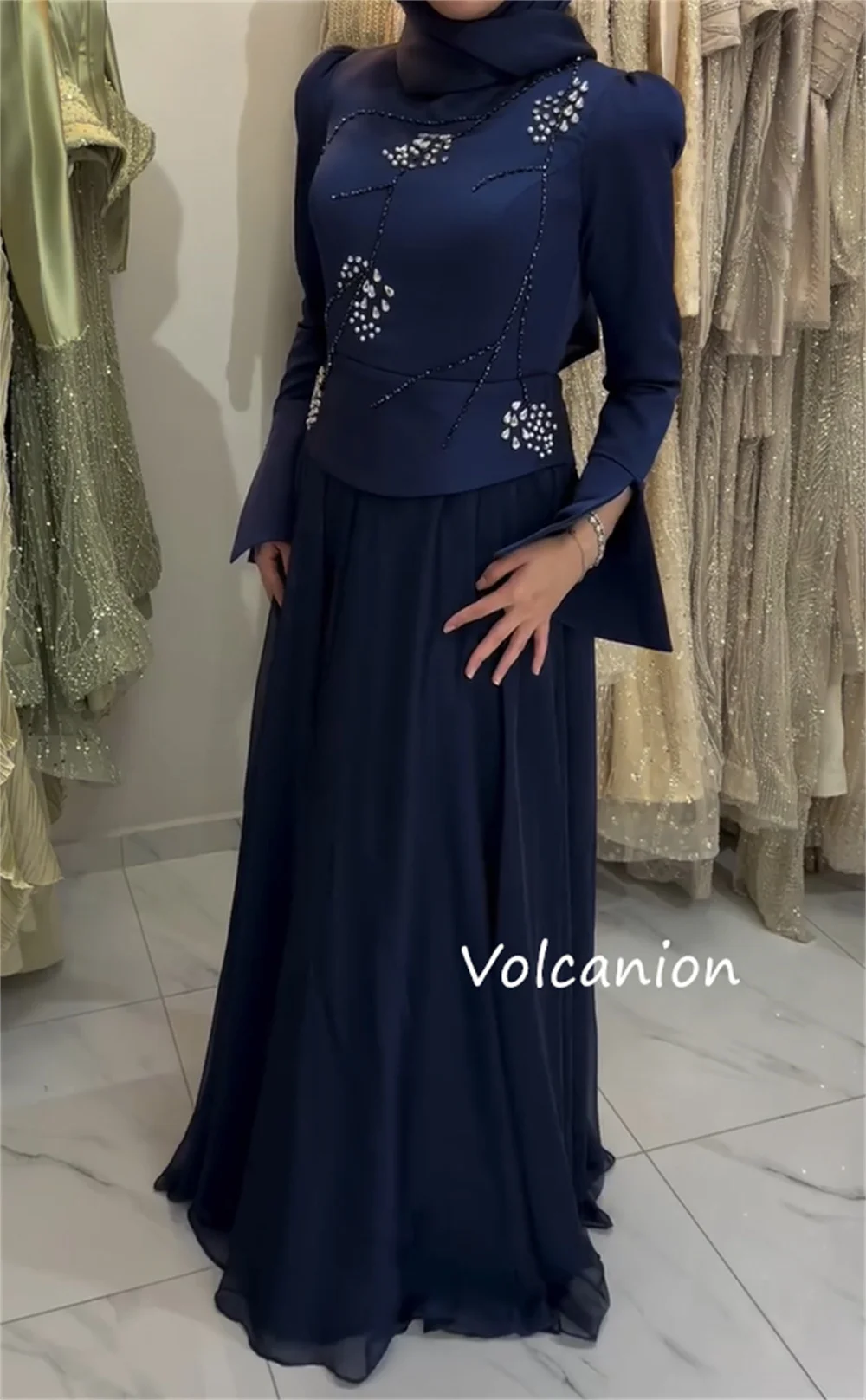 Customized Exquisite Jersey Pleat Sequined A-line O-Neck Long Prom Dresses Bespoke Occasion Sparkle Matching