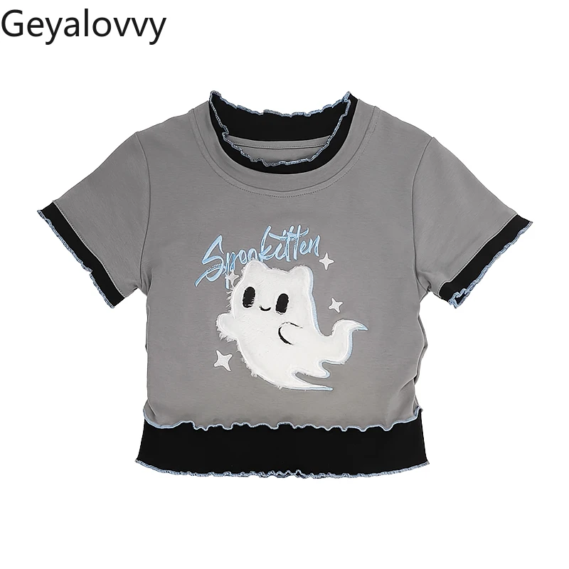 

Sweet Cute Girls Y2K Short-sleeved Crew Neck Fake Two-piece T-shirt and High-waisted Irregular Splicing Short Skirt Set Summer