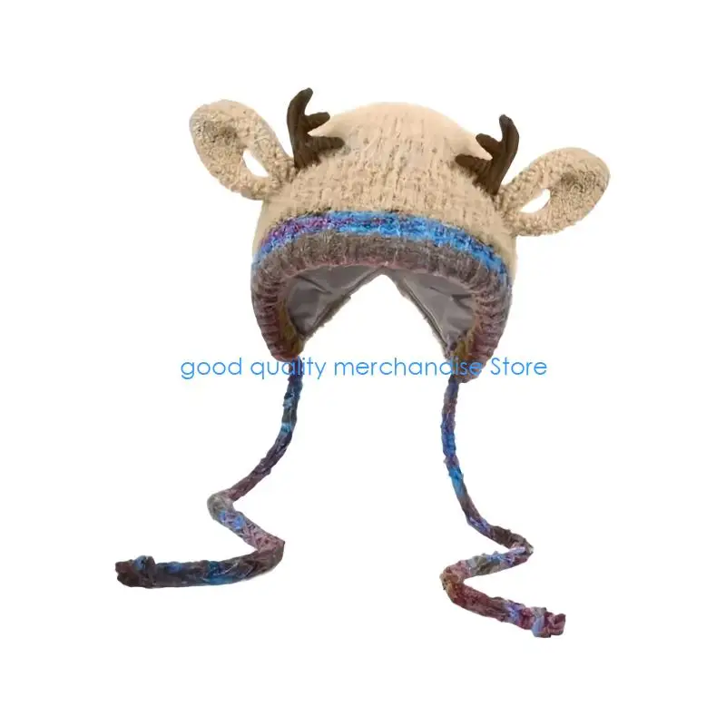 Gorro punto navideño cálido Y5JD, diseño orejas reno para aventuras aire libre, tallas para niños y adultos