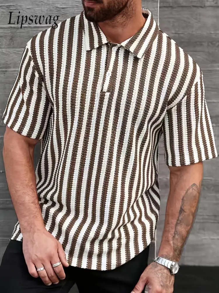 

Classic Striped Textured Knitted Polo Shirt Men Summer Casual Buttoned Lapel Tops Mens Stylish Contrast Color Short Sleeve Polos