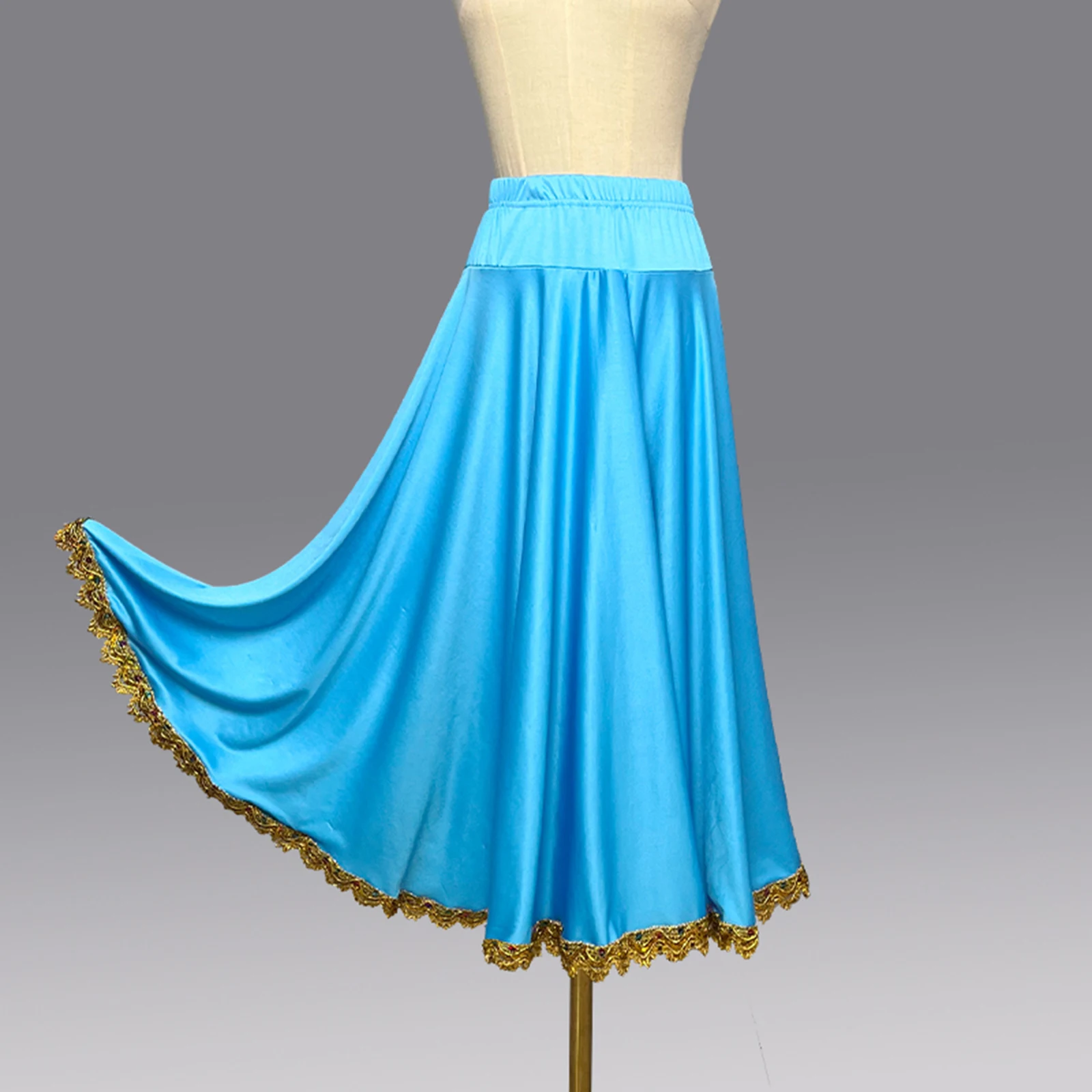 

Womens Adult Flamenco Long Skirt Performance Costumes Elastic Waistband Gold Trim Big Swing Skirt Ballroom Ethnic Dance Skirts