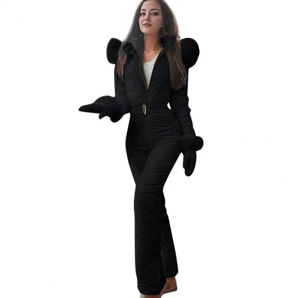 بدلة تزلج نسائية لعام 2025 بدلة ثلج دافئة بدلة ثلج شتوية نسائية مع قفازات وغطاء للرأس ملابس تزلج مقاومة للرياح مع سحاب خصر مرن fo