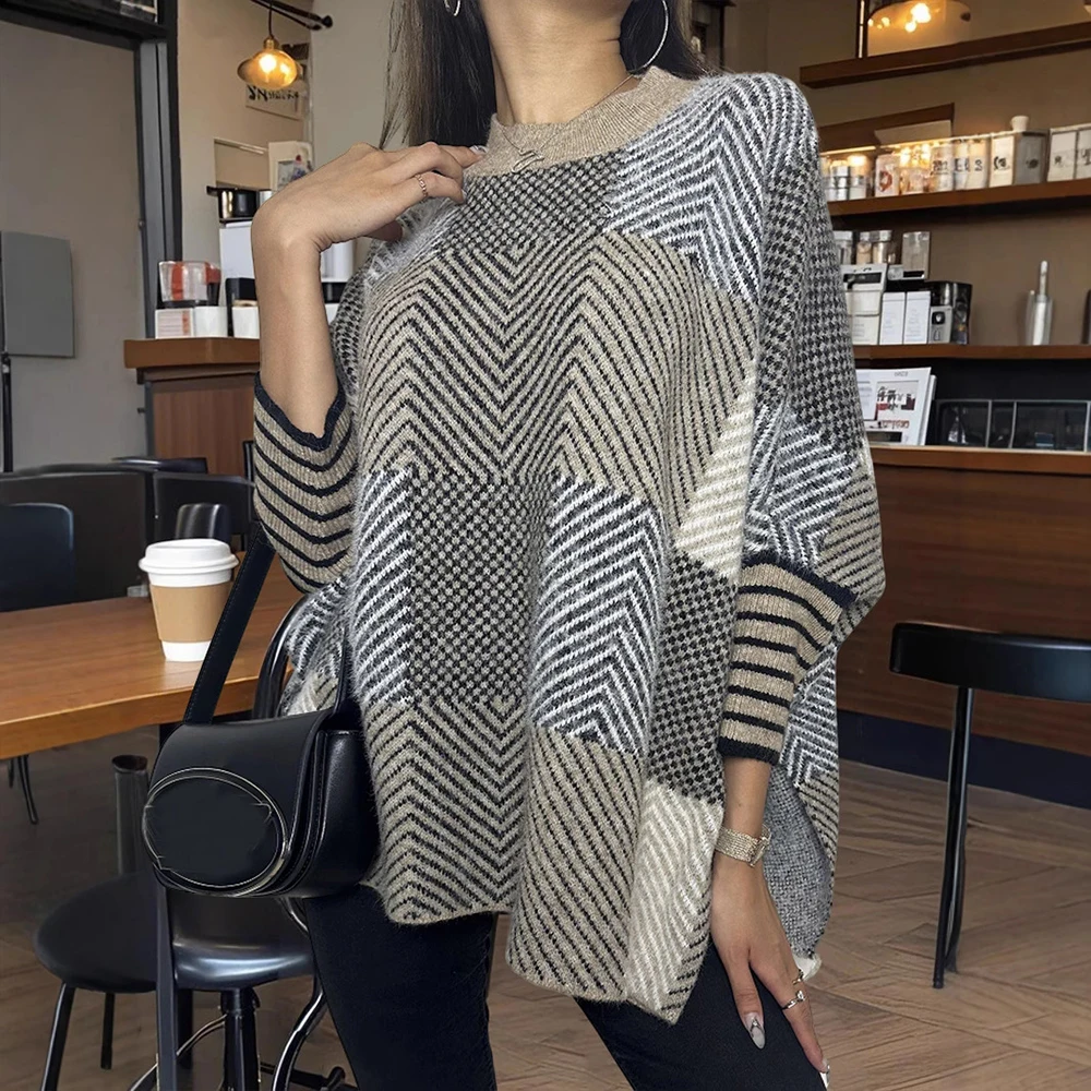 

Женский осенне-зимний вязаный свитер с рукавами «летучая мышь» в клетку, длинный свободный универсальный пуловер, топ в европейском и американском стиле