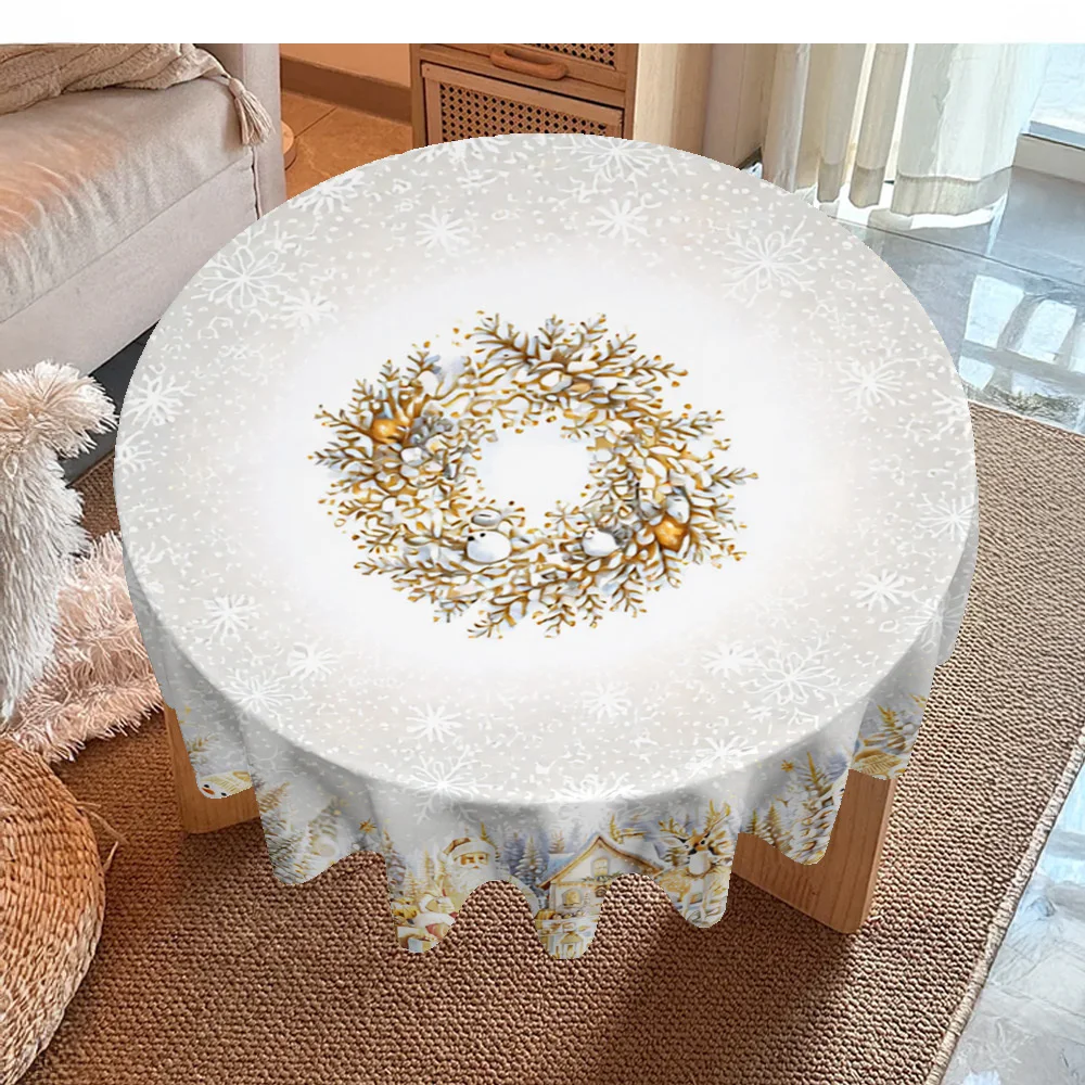 2D flat print round table cloth, Santa Claus, snowman, elk, snowflake wreath, warm gold color scheme,