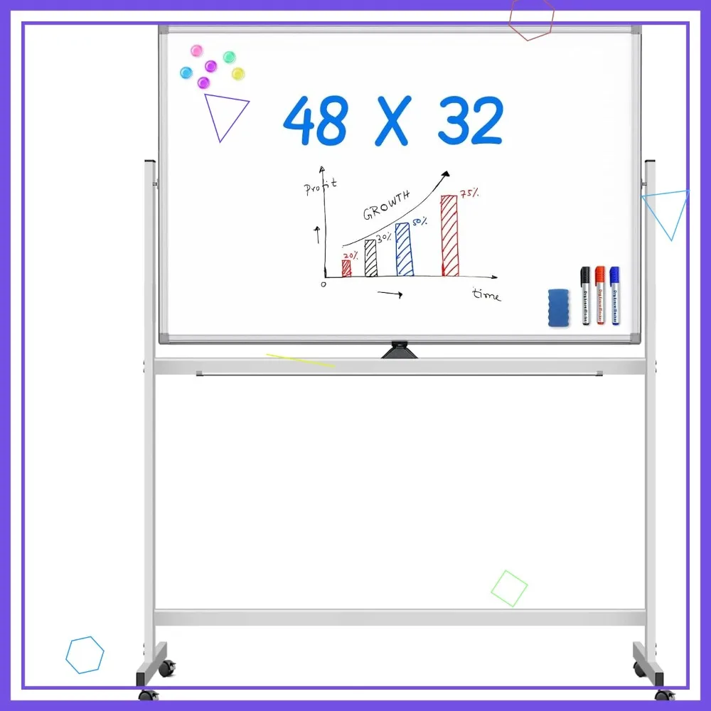 

Двусторонняя магнитная доска 48x32 дюйма на колесиках с подставкой, мобильная доска-мольберт для офиса, класса, дома