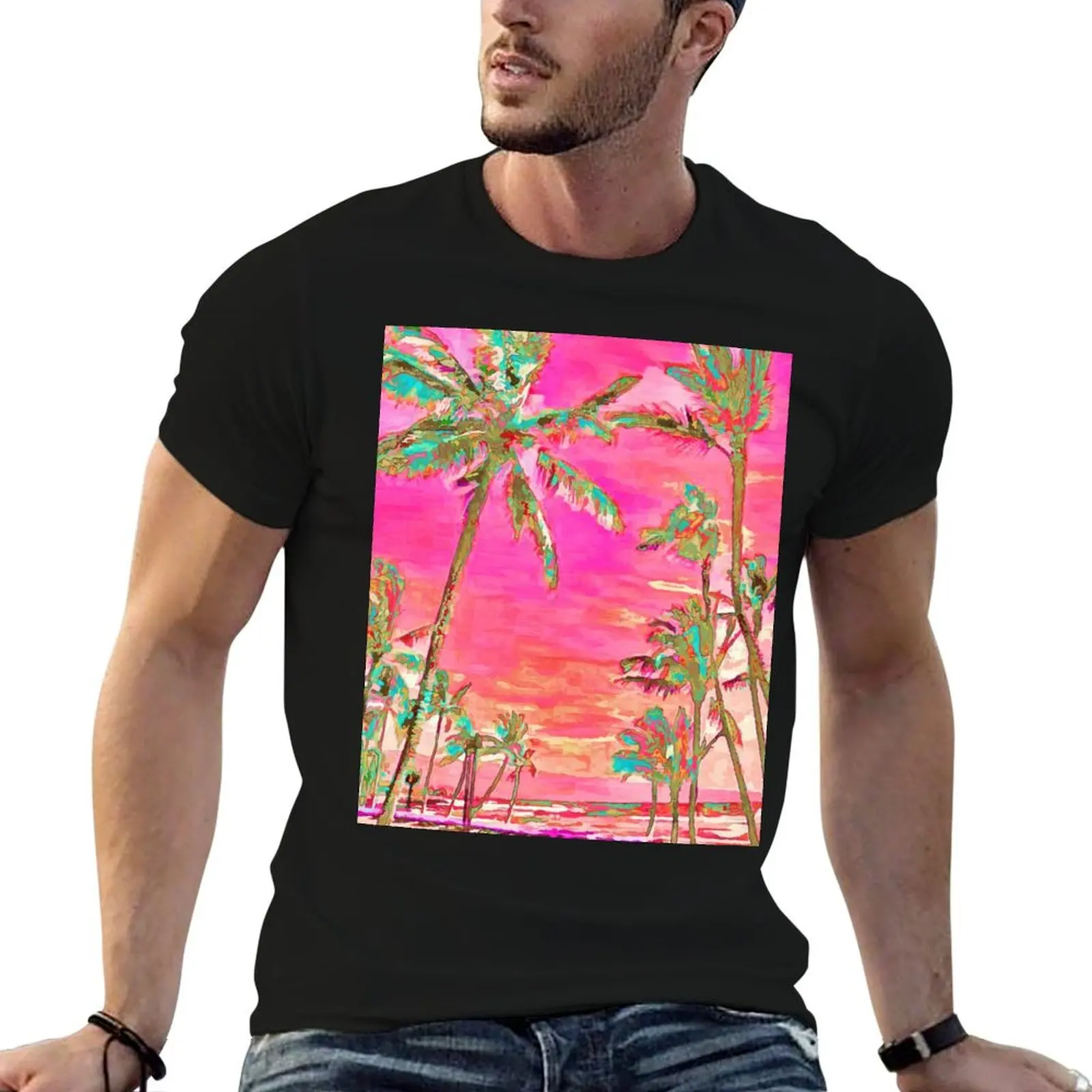 Vintage Hawaiian Beach Scene, Hot Pink T-Shirt graphic t shirts for a boy sweat shirts, men
