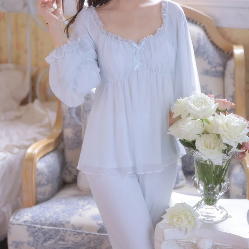 Korean Women Retro Vintage Peach Shap Large Neckline with Chest Cushion Pajama Set Modal Mesh Long Sleeve Pants Girls Home Wear
