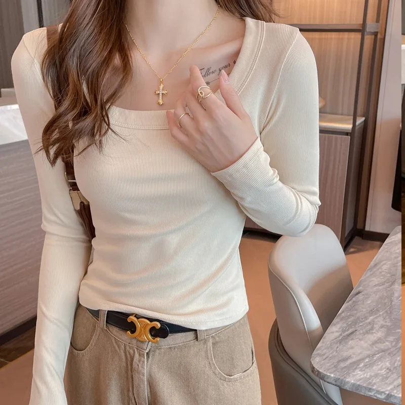Square Neck Spring Autumn Winter Bottoming Shirt That Can Be Worn Outside Inside as a Top Women's T-shirt Slim Long Sleeves