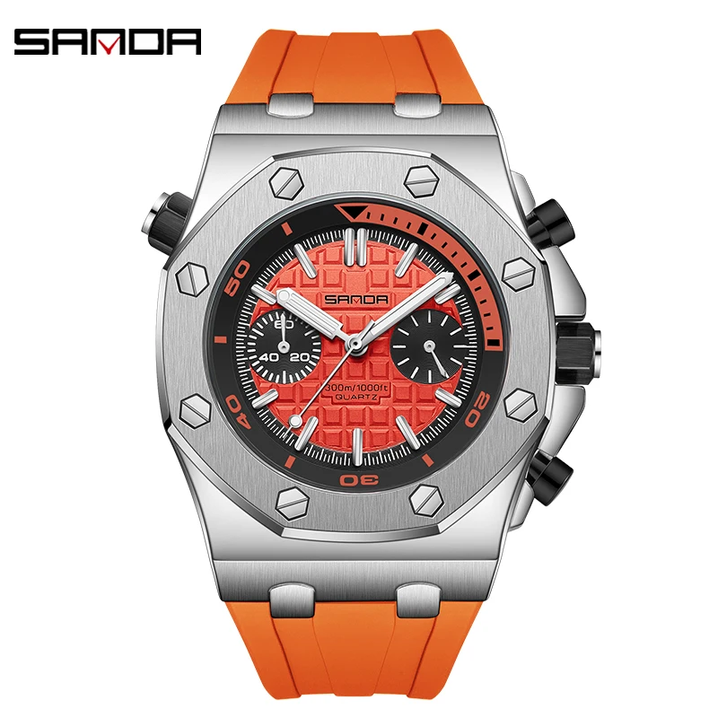 SANDA Luxury Personality Quartz Men Watch 2023 New Design Orange Silicone Strap Sports Style Mens Watches Shockproof Reloj 7027