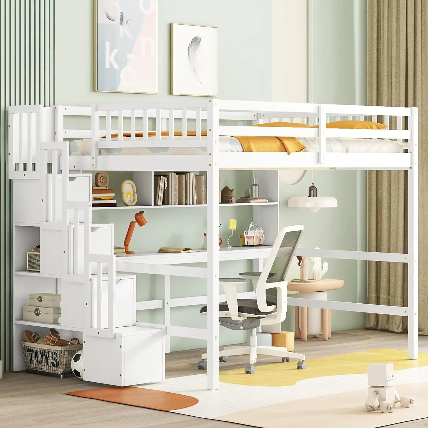 Full Size Loft Bed With Desk And Storage Shelves,Solid Wood Loft Bed Frame With Storage Staircase,High Loft Bed Full Size With