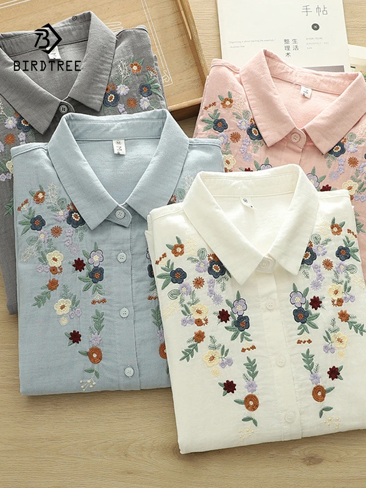 

New 2025 Spring Cotton Yarn Long Sleeve Shirt, Women Turn-down Collar Embroidery, Mori Girl Versatile Soft Loose Blouse T52613CC