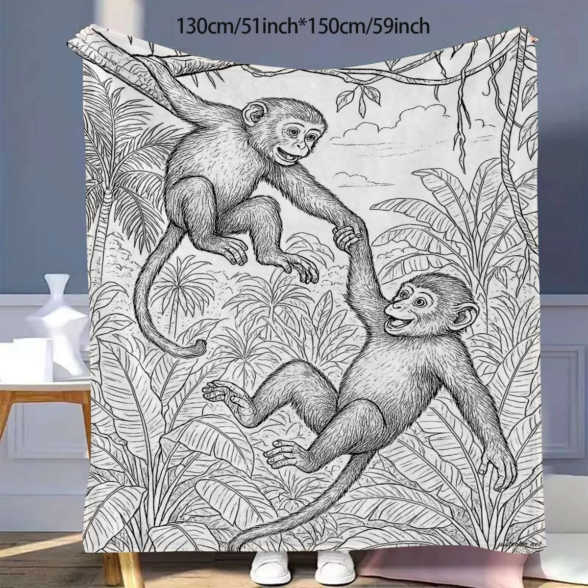 DIY Black and White Line Art Style Jungle Monkey Flannel Blanket, Hand-painted Pattern of Two Mischievous Monkeys, DIY Coloring
