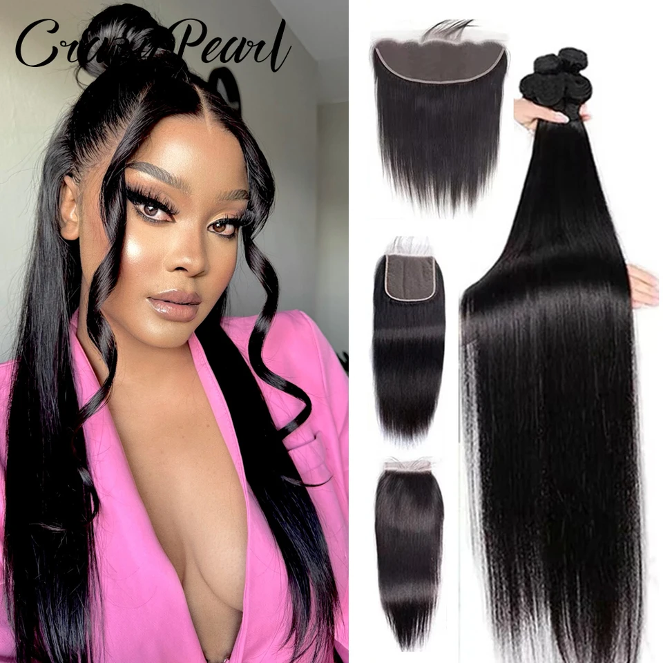 Paquetes de cabello humano con frontal recto, cierre de encaje HD 13x4, cabello virgen brasileño sin procesar