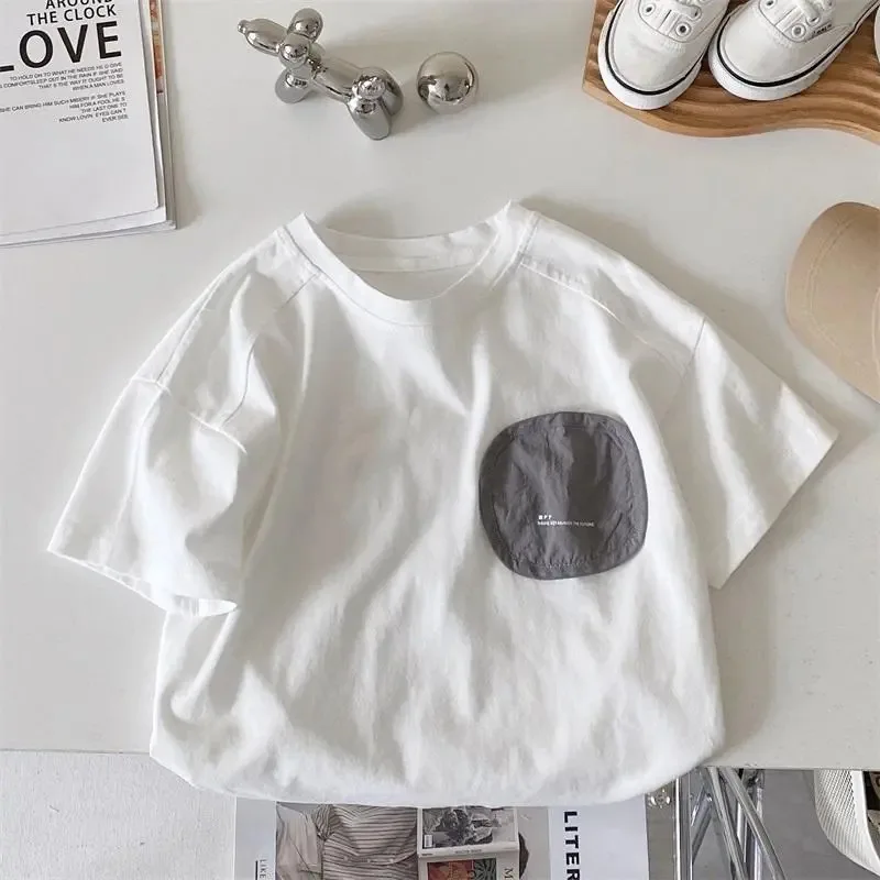 2024 Sommer Junge Kinder Patch Hip Hop Kurzarm T-Shirt Mädchen Baby lose lässige Tops Kind Baumwolle T-Shirts Mode Kleinkind Kleidung