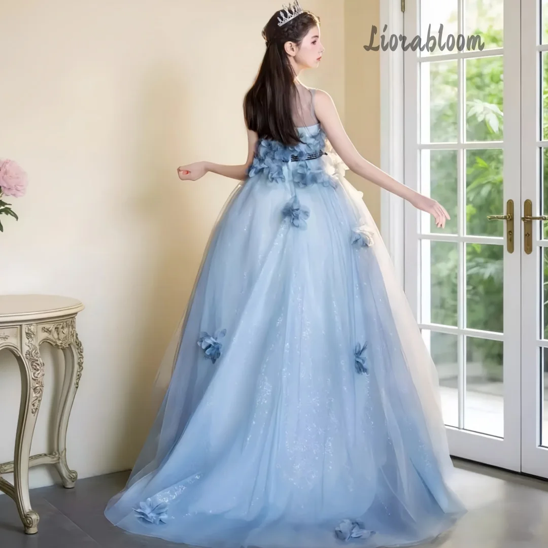 Abito da Cerimonia Extra Large Blu per Ragazze, Elegante Abito da Sera con Strascico Lungo, Vestito da Damigella, Abito da Principessa per Feste