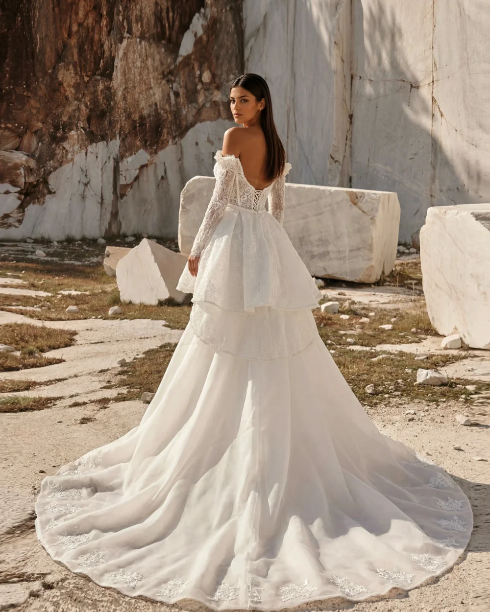 Maßgeschneidertes schulterfreies Spitzen-Brautkleid mit abnehmbarer Schleppe, rückenfrei, Applikationen, Hochzeitskleider 2026 Vestido De Noiva – Detail 4