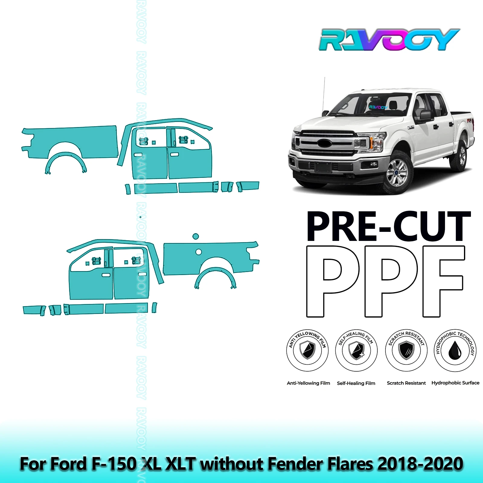 

For Ford F-150 XL XLT without Fender Flares 2018-2020 8.5mil Pre-Cut PPF Door & A/B Pillar Kit TPU Paint Protection Film Set